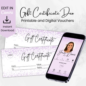 Conjunto de plantillas de certificado de regalo electrónico empresarial. Plantilla Canva para personalizar Tarjeta Regalo. Paquete de dos mensajes de texto y certificado de regalo imprimible, BB002