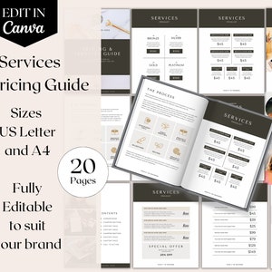 May include: A 20-page services and pricing guide template with a gold and brown color scheme. The template includes sections for services, pricing, the process, and contact information. The text "Edit in Canva" is at the top of the page.