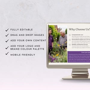 May include: A computer monitor displays a webpage with the text "Why Choose Us?" and "Care you can." The webpage features images of two men in a garden. The screen also shows the text "FULLY EDITABLE," "DRAG AND DROP IMAGES," and other features.