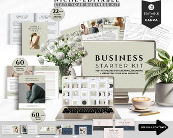 May include: A business starter kit with templates for creating, branding, and marketing a new business. The image includes a laptop, documents, business cards, and a cup of coffee. The kit is editable in Canva.