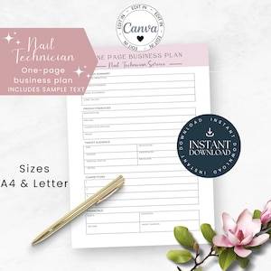 Nail Technician One Page Business Plan Template, Beauty Salon Canva Template for a 1 Page Business Startup, A4 and Letter