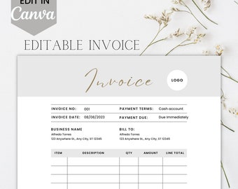 Canva Editable Business Invoice Template, Neutral Customizable Printable Invoice, DIY Billing Template