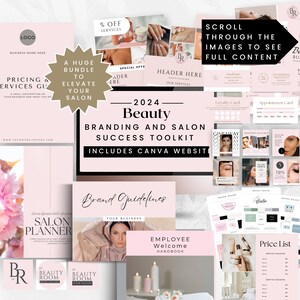 May include: A pink and white digital marketing toolkit for beauty salons and spas. The toolkit includes a logo, branding guidelines, social media templates, and more. The text on the image reads "2024 Beauty Branding and Salon Success Toolkit Includes Canva Website".