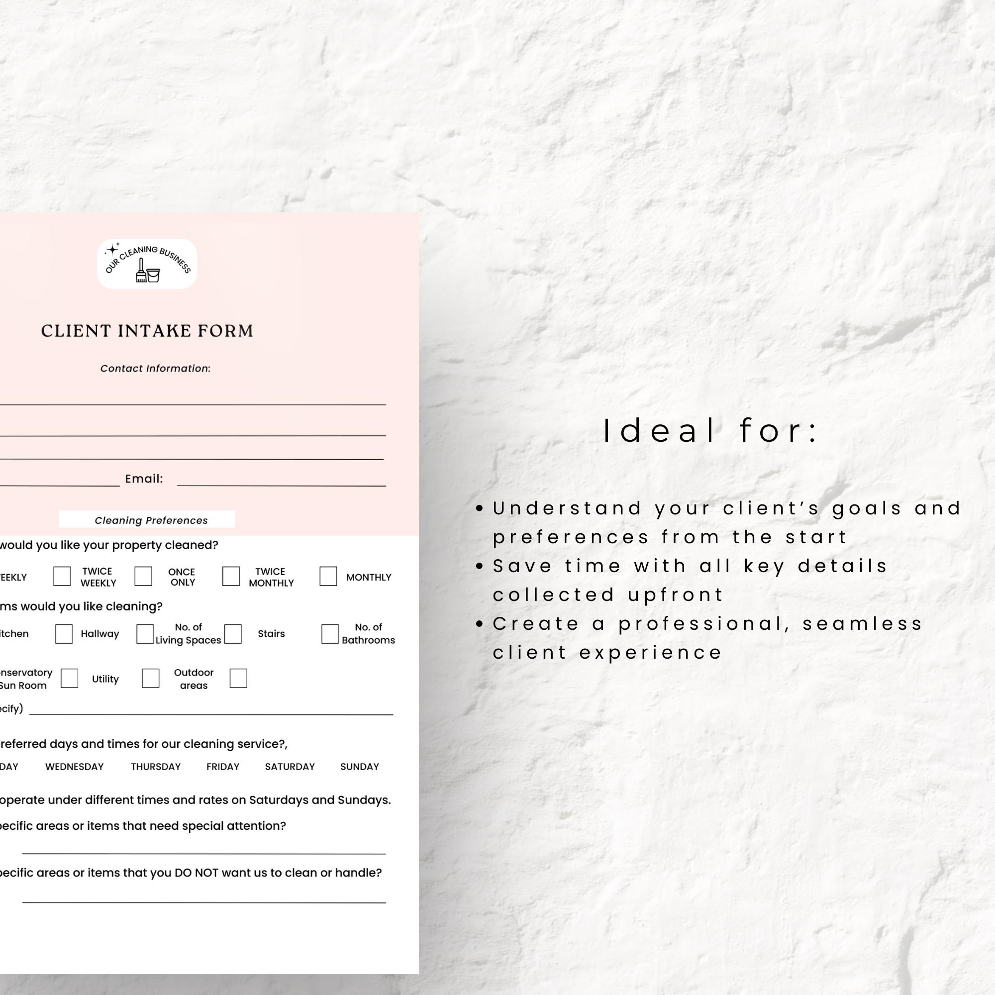Cleaning Service Client Intake Form, Cleaning Company Editable Form ...