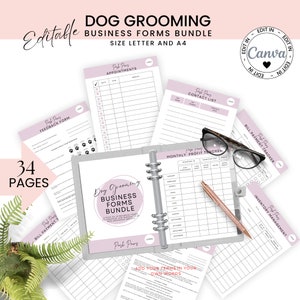 Editable Dog Grooming Business Form Bundle, Dog Groom Service Branding Pack, Edit and Print Canva Templates, Branding Kit