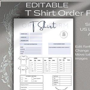 T-Shirt Order Form Template, Editable TShirt Order Form Canva Template, Blue T Shirt Business Form, Small Business Order Form PDF
