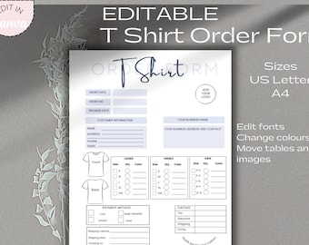 Puede incluir: Plantilla de formulario de pedido de camiseta editable con secciones para los detalles del pedido, la información del cliente, el método de pago y las tallas. El formulario incluye un espacio para agregar un logotipo y tiene un esquema de color azul claro y blanco.
