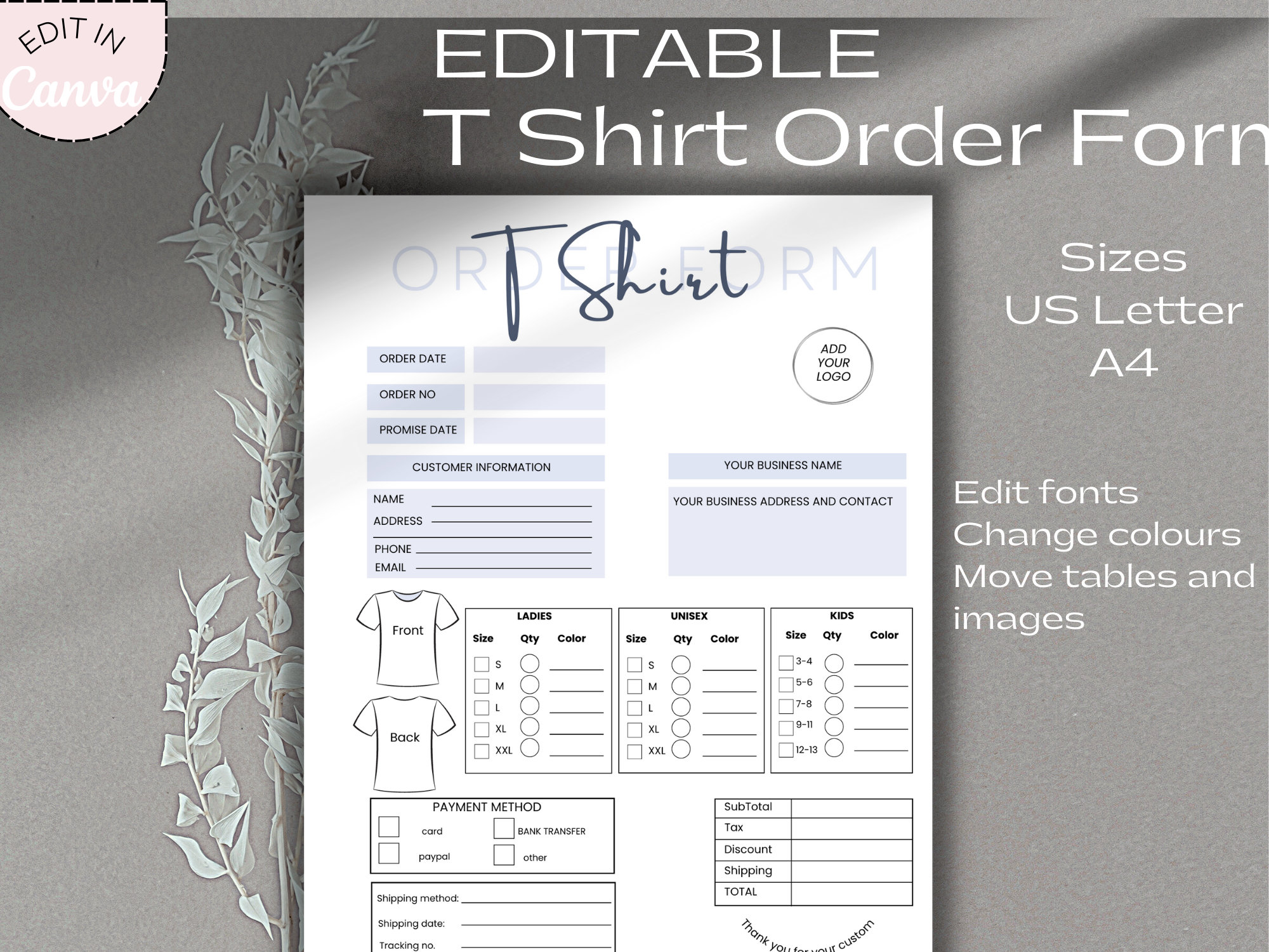 T-shirt Order Form Template, Editable Tshirt Order Form Canva Template ...
