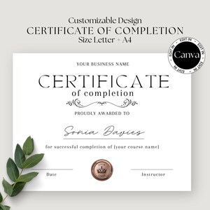 Pode incluir: Um modelo de certificado de conclusão personalizável com o texto "CERTIFICATE of completion" e "PROUDLY AWARDED TO" em texto preto. O texto "Sonia Davies" é escrito à mão em tinta preta. O texto "for successful completion of [your course name]" está em texto preto. O texto "Date" e "Instructor" está em texto preto. Um logotipo de coroa dourada está localizado no canto inferior direito. O texto "EDIT IN Canva EDIT IN" está em um círculo com fundo preto e texto branco.