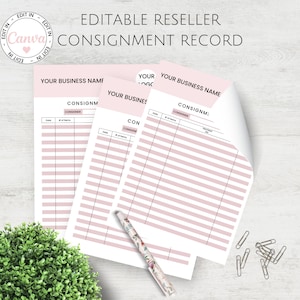 May include: Printable consignment record template with pink and white color scheme. The template includes sections for the consignor's name, date, number of items, and a description of the items. The template is titled "Editable Reseller Consignment Record".