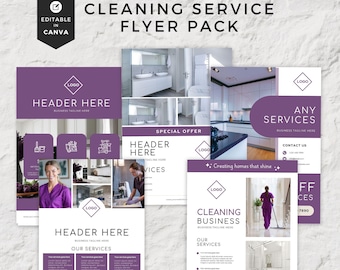May include: A cleaning service flyer pack in purple and white. The design includes images of clean homes and text that reads "Cleaning Service Flyer Pack", "Header Here", and "Our Services". The flyers are editable in Canva.