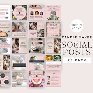 Könnte beinhalten: Eine Sammlung von 25 Social-Media-Post-Vorlagen für Kerzenmacher. Die Vorlagen haben einen rosa Hintergrund mit Bildern von Kerzen und Textüberlagerungen. Der Text enthält Sätze wie "Kerzenmacher", "Social Posts", "25er Pack", "Exklusives Angebot", "Wochenend-Blitzverkauf", "Kaufe eins, erhalte eins gratis" und "Warum vegane Kerzen wählen?"