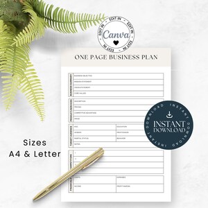 One Page Business Plan Template, Canva Template for a 1 Page Business Startup, A4 and Letter