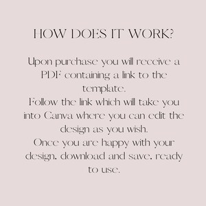 May include: Text explaining how to use a digital template. Upon purchase, you will receive a PDF containing a link to a Canva template. Follow the link to edit the design and download it when you are finished.