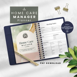 May include: A navy blue Home Care Manager Planner with a gold spiral binding, open to a meeting notes page. The cover features the text "Home Care Manager Planner" and the words "Plan, Manage, and Streamline Your Care Operations". The image also includes a gold pen and binder clips.