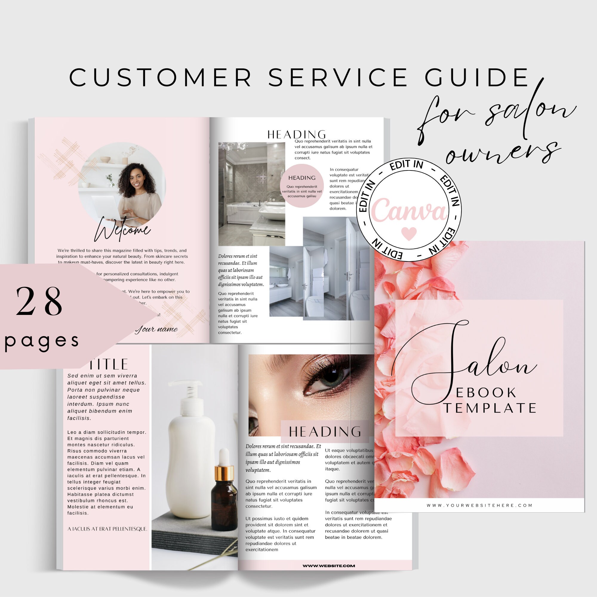 Salon Service Guide for Clients and Customers, Customer Service Brochure, Beauty Salon Promotional Literature, Canva Template