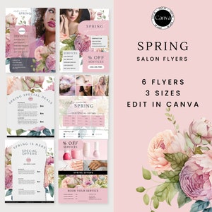 May include: Six pink and green floral themed flyers for a salon, with the text "Spring Salon Flyers" and "Edit in Canva".