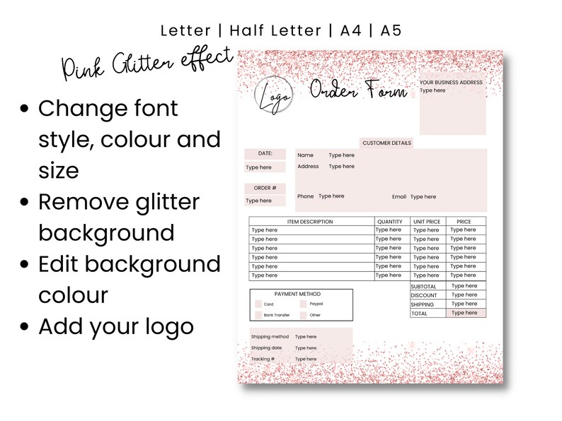 Pink Glitter Editable Order Form Template, Order Form Canva Template ...