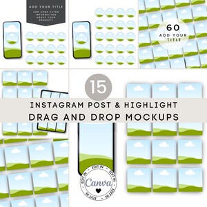 May include: A set of 60 Instagram post and highlight mockups featuring a green and blue landscape design. The mockups are designed to be used with Canva and are perfect for showcasing your products or services.