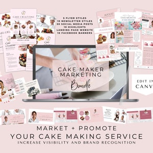 May include: A digital marketing bundle for cake makers, featuring pink and white templates for flyers, newsletters, social media, and website. The text includes "Cake Maker Marketing Bundle" and "Market + Promote Your Cake Making Service."