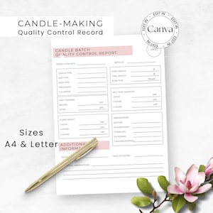 May include: A printable candle-making quality control record form with sections for production date, candle type, wax type, wick type, fragrance, cold and hot throw, wick trimming, flame height, melt pool diameter, observations, and additional information. The form is designed for use with candles and includes a section for recording the date of testing.