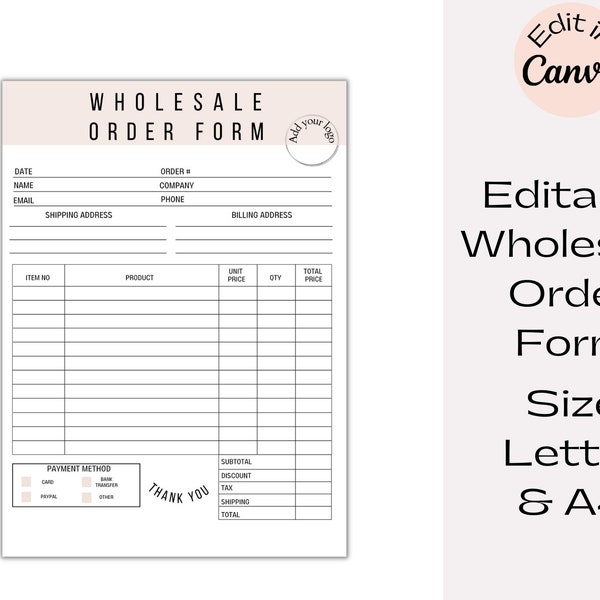 Wholesale Order Form Template, Canva Editable Order Sheet Template, Printable and Customizable Order Forms, Instant Download, Pink