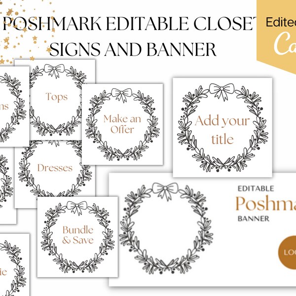 Poshmark Christmas Wreath Editable Shop Signs and Banner Templates | Customizable Poshmark Closet Signs | Branding for your Poshmark Closet