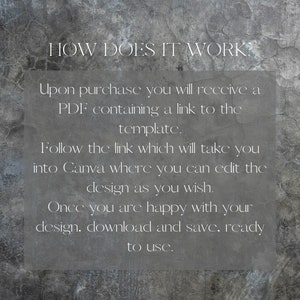 Pu&ograve; includere: Testo su uno sfondo grigio che spiega come utilizzare un modello digitale. "COME FUNZIONA? All'acquisto, riceverai un PDF contenente un link al modello. Segui il link che ti porter&agrave; a Canva dove potrai modificare il design a tuo piacimento. Una volta che sei soddisfatto del tuo design, scaricalo e salvalo. Pronto all'uso."