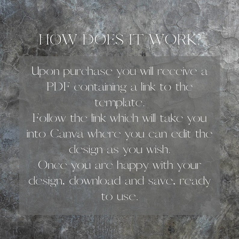 Pu&ograve; includere: Testo su uno sfondo grigio che spiega come utilizzare un modello digitale. "COME FUNZIONA? All'acquisto, riceverai un PDF contenente un link al modello. Segui il link che ti porter&agrave; a Canva dove potrai modificare il design a tuo piacimento. Una volta che sei soddisfatto del tuo design, scaricalo e salvalo. Pronto all'uso."