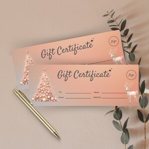 Plantilla de certificado de regalo de salón de belleza personalizable para la temporada navideña, vale de regalo imprimible para salón de uñas o técnico de pestañas, agregue su logotipo