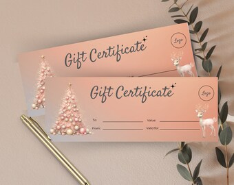Plantilla de certificado de regalo de salón de belleza personalizable para la temporada navideña, vale de regalo imprimible para salón de uñas o técnico de pestañas, agregue su logotipo