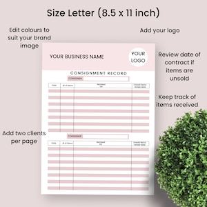 May include: A printable consignment record form with pink accents. The form includes sections for the consignor's name, date, number of items, itemised list, and unsold items review date. The form is designed for a business to track consignment items.