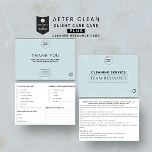 Könnte beinhalten: Hellblaue Kundenpflegekarte und Reinigungsressourcenkarte. Die "Danke"-Karte enthält Platz für ein Logo und Kontaktinformationen. Die "Reinigungsdienst"-Karte hat einen Abschnitt für Teamressourcen. Beide Karten haben eine Checkliste.