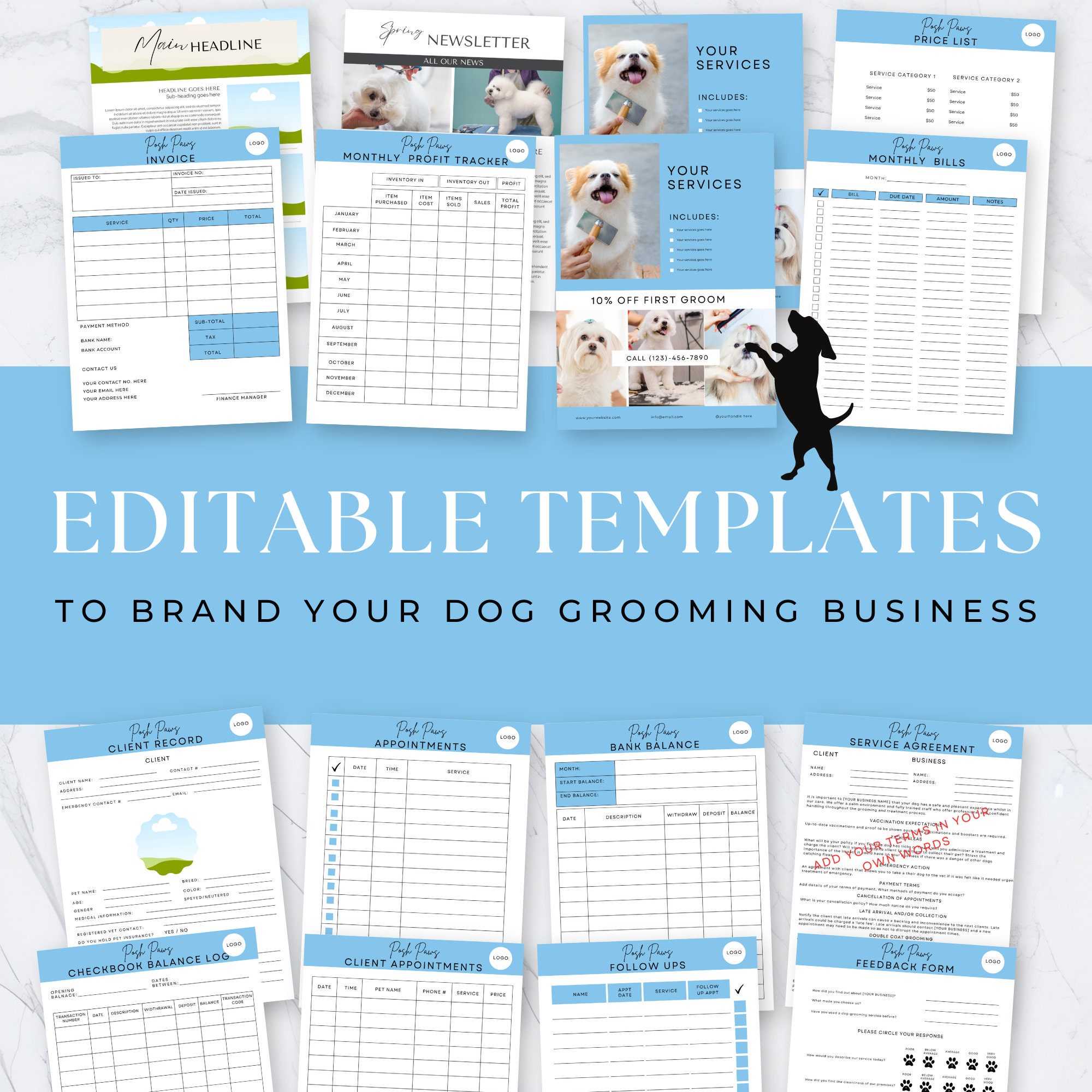 Editable Dog Grooming Business Form Bundle, Dog Groom Service Branding