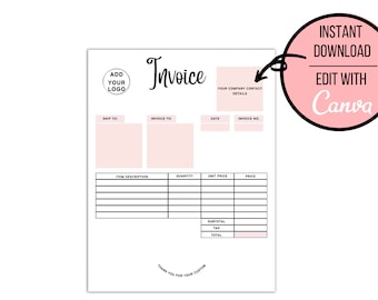 Invoice Template, Editable Printable Invoice, Digital Download