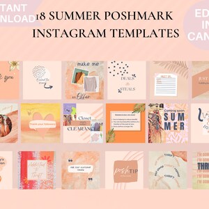 Könnte beinhalten: Eine Collage aus 18 Instagram-Vorlagen für den Sommer mit Pfirsich-, Rosa- und Orangentönen in Aquarelltechnik und Textüberlagerungen. Die Vorlagen enthalten Sätze wie "Danke", "Angebote & Schnäppchen", "Schrank-Ausverkauf", "Füge dein Kunden-Zitat hinzu", "Posh-Tipp der Woche", "Bald Sommer", "Thrift" und "Ich gehe, ich gehe, ich thrifte".