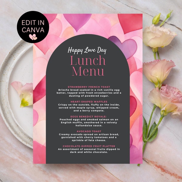 Canva Valentines Menu, Valentines Brunch Menu, Editable Valentines Day Menu Template, Customizable Floral Restaurant Menu for Valentines Day