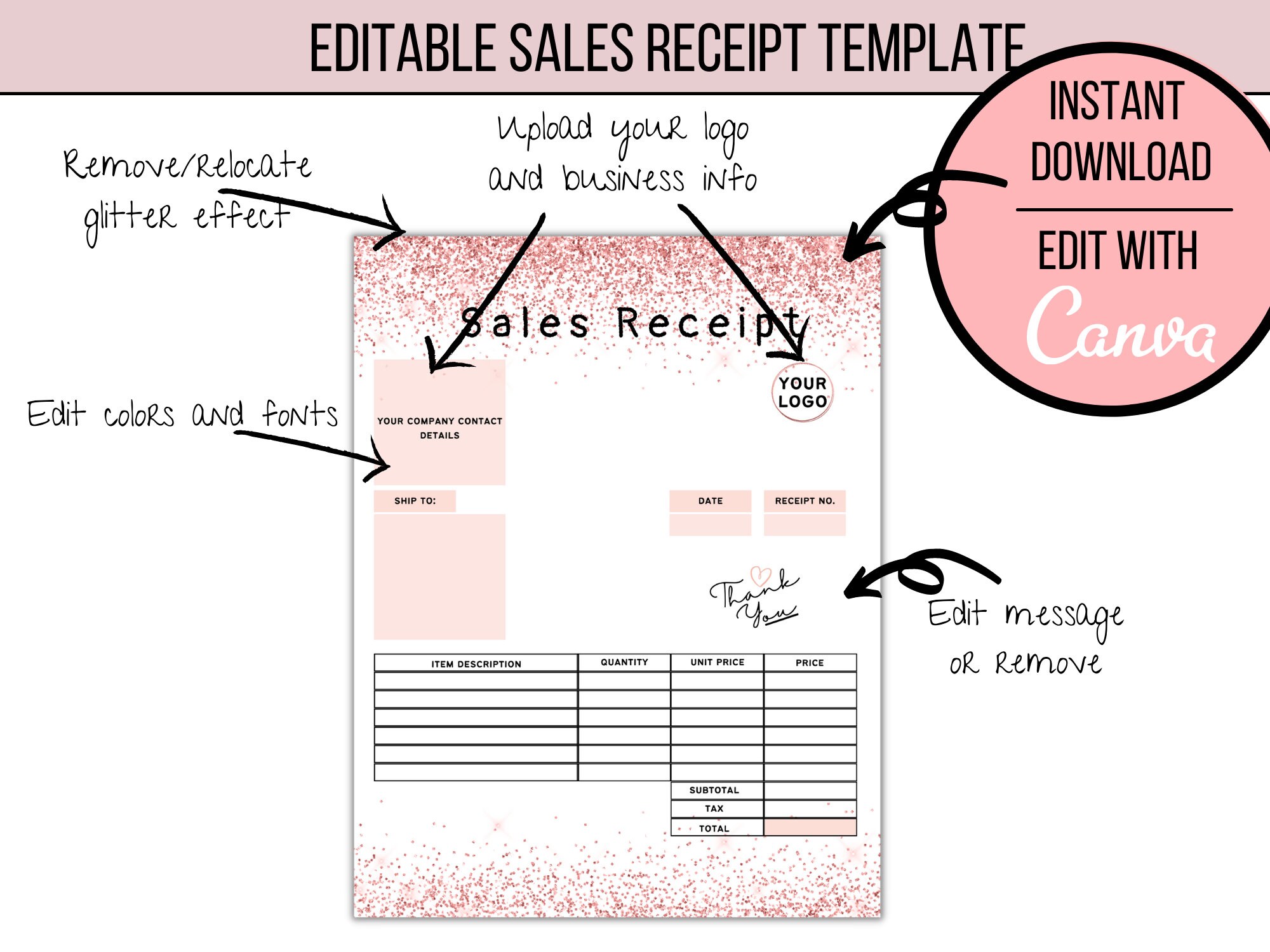 Editable Business Sales Receipt Template, Customizable and Printable ...