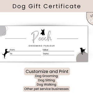 Editable Gift Certificate Template Dog Grooming, Dog Walking, Dog Sitting. DIY Gift Voucher for small business. Add your logo.