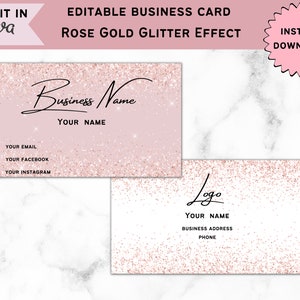 Editable Glitter Rose Gold Business Card Template, Add Your Logo, Instant Download