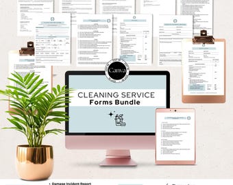 Puede incluir: Un paquete de formularios de servicios de limpieza, que incluye un informe de incidentes de daños, admisión de clientes, listas de verificación, presupuesto, factura y acuerdo de servicio. Los formularios se muestran en un monitor de computadora, tableta y hojas impresas.