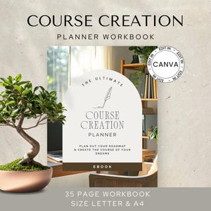May include: A workbook titled "Course Creation Planner" with the text "Plan Out Your Roadmap & Create the Course of Your Dreams." The cover is white with a brown banner. The image also includes a bonsai tree in a pink pot.