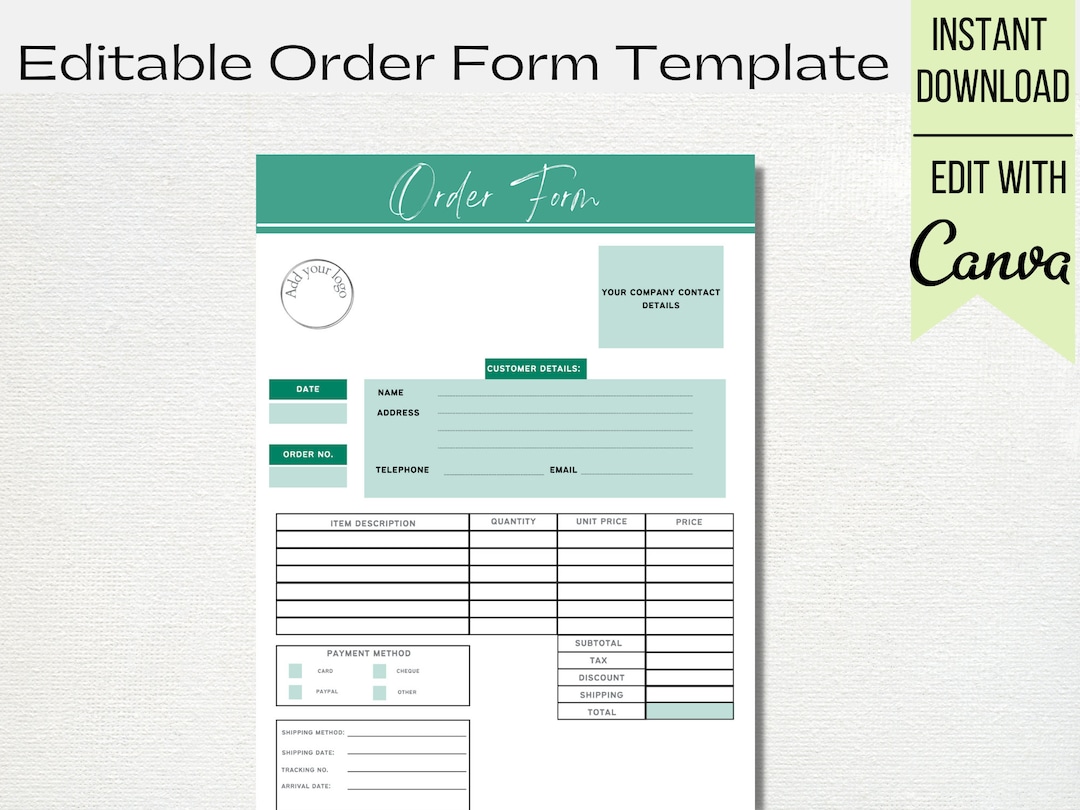 Editable Order Form Template, Green, Printable and Customizable Order ...