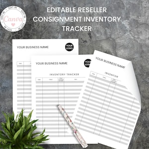 Könnte beinhalten: Druckbarer Inventar-Tracker für Konsignationsverkäufer. Der Tracker enthält Abschnitte für Datum, Kunde, Kundennummer und Artikel. Das Dokument ist mit Ihrem Firmennamen und Ihrem Logo anpassbar.