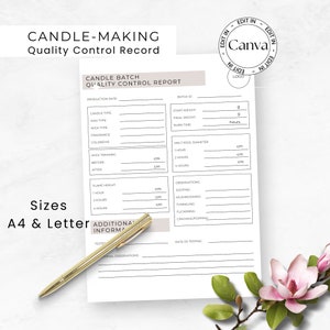 May include: A printable candle-making quality control record form with sections for production date, candle type, wax type, wick type, fragrance, cold and hot throw, wick trimming, melt pool diameter, flame height, observations, and additional information. The form is designed for use with candles and includes spaces for recording measurements in centimeters and inches.