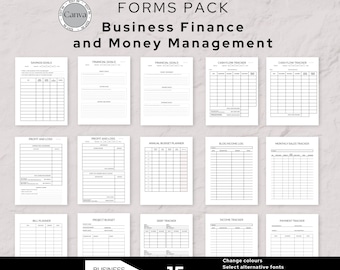 May include: A collection of 15 business finance and money management templates. The templates include savings goals, financial goals, cash flow trackers, profit and loss statements, and more. The design is minimalist with a white background and black text.
