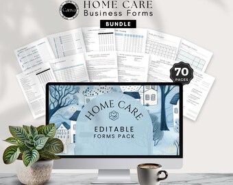 May include: A computer screen displaying a blue and white illustration of houses and trees with the text "Home Care Editable Forms Pack". The screen is surrounded by various printable forms with titles like "Daily Cleaning Checklist", "Medication Tracker", and "Home Safety Assessment". A 70-page bundle of home care business forms.