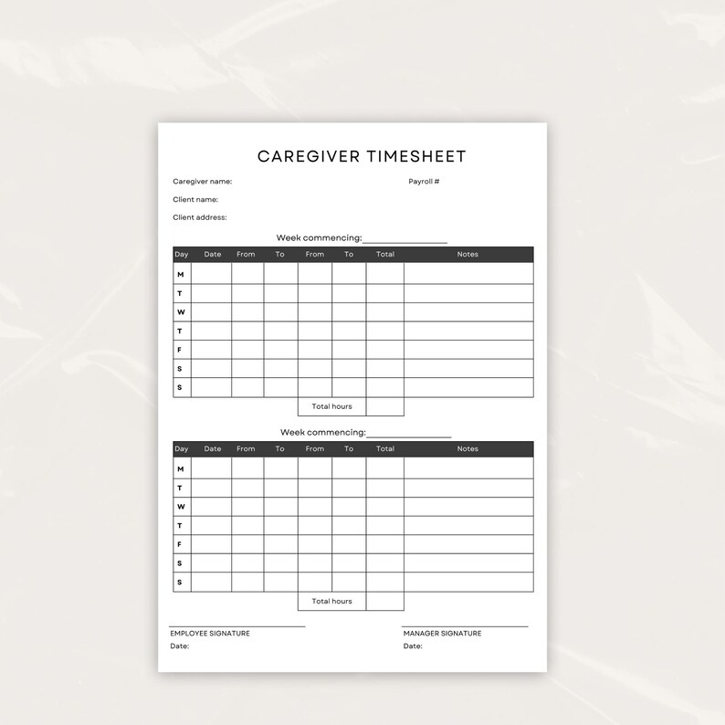Home Care Timesheets and Caregiver Checklist Plan of Care, Editable ...