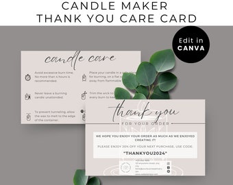 May include: A light beige candle care card with the text "CANDLE MAKER THANK YOU CARE CARD". The card includes candle care instructions and a thank you message. The card also includes a discount code for the next purchase.