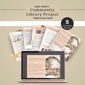 Puede incluir: Un paquete de plantillas digitales para un proyecto de biblioteca comunitaria. El paquete incluye cinco páginas editables con un esquema de color rosa y blanco. Las páginas presentan una ilustración de acuarela de una estantería con libros y un arreglo floral. El texto en las páginas dice "Little Library Collective", "Nuestra historia" y "Nuestra misión".